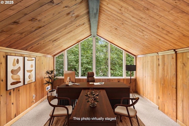 589 Ridgeway Rd, Lake Oswego, OR 97034 - dining room with wooden walls, carpet flooring, wooden ceiling, and vaulted ceiling