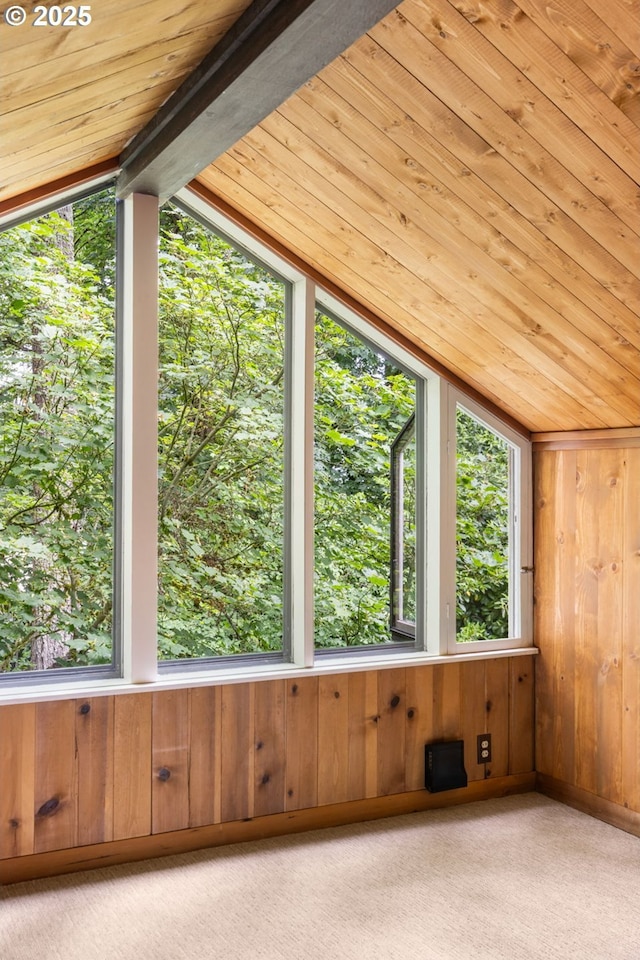 589 Ridgeway Rd, Lake Oswego, OR 97034 - unfurnished sunroom featuring carpet floors, wooden walls, wooden ceiling, and lofted ceiling