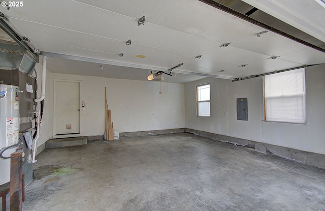 garage with electric panel and a garage door opener