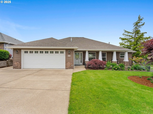 1478 SW 13th St, Dallas, OR 97338 - view of front of property with concrete driveway, a front yard, a garage, stone siding, and a shingled roof