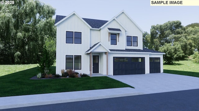 modern farmhouse featuring a garage and a front lawn