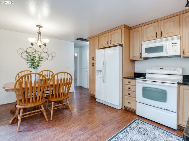 575 SE Centurion Ave, Gresham, OR 97080 - kitchen with white appliances, light brown cabinetry, a chandelier, and dark wood-style flooring