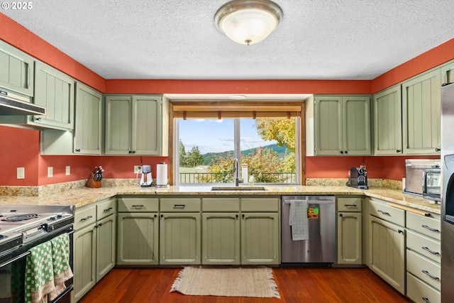 kitchen featuring stainless steel dishwasher, green cabinetry, range with electric stovetop, a textured ceiling, and a sink