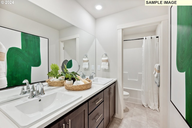 full bathroom featuring toilet, shower / bathtub combination with curtain, tile patterned floors, and vanity