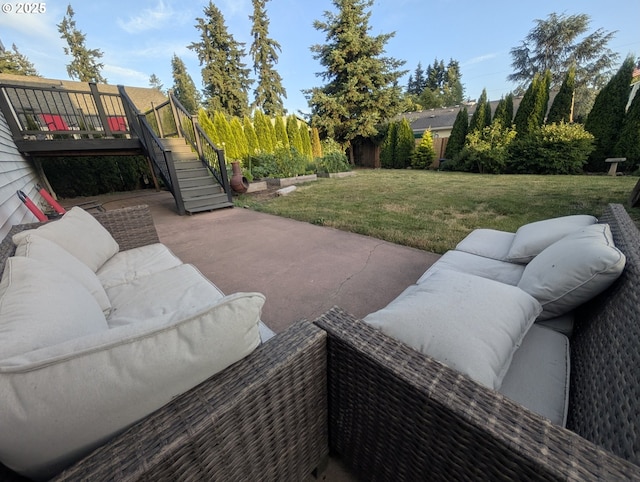 33874 NE Erin Dr, Scappoose, OR 97056 - view of patio featuring stairway, an outdoor living space, and a wooden deck