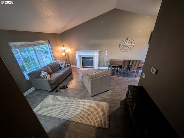 33874 NE Erin Dr, Scappoose, OR 97056 - living area featuring lofted ceiling, wood finished floors, and a glass covered fireplace