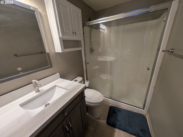 33874 NE Erin Dr, Scappoose, OR 97056 - bathroom with a stall shower, vanity, and tile patterned flooring