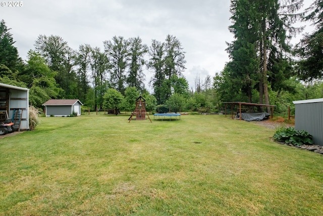 40325 Upper Calapooia Dr, Sweet Home, OR 97386 - view of green lawn featuring a trampoline, a playground, an outbuilding, and view of scattered trees