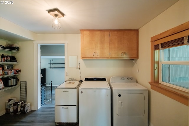 40325 Upper Calapooia Dr, Sweet Home, OR 97386 - laundry room featuring cabinet space, independent washer and dryer, and dark wood-style floors