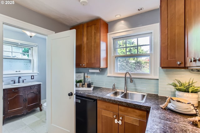 5536 N Delaware Ave, Portland, OR 97217 - kitchen featuring dishwasher, a sink, and dark countertops