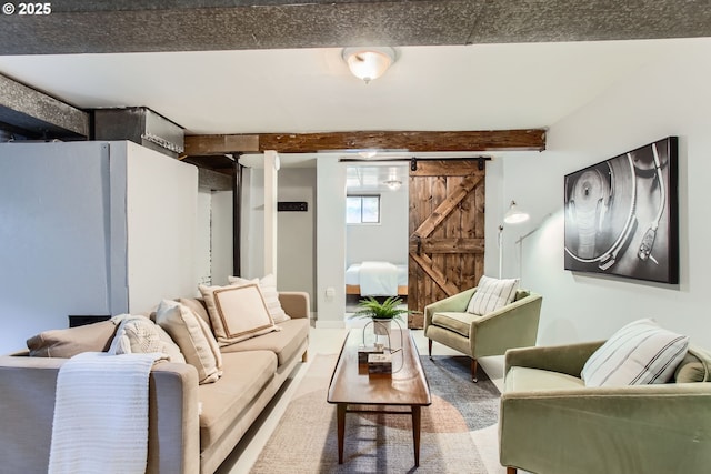 5536 N Delaware Ave, Portland, OR 97217 - living area featuring a barn door and beam ceiling