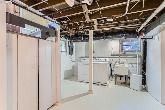 5536 N Delaware Ave, Portland, OR 97217 - below grade area with electric panel, washer and clothes dryer, and healthy amount of natural light