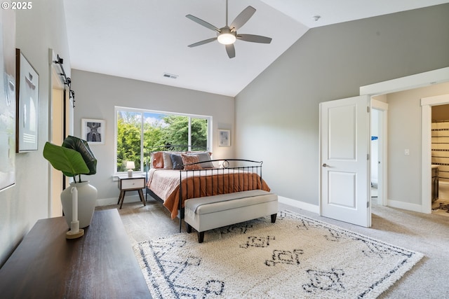 bedroom featuring high vaulted ceiling, baseboards, ceiling fan, and carpet flooring