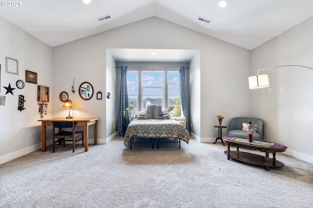 living area featuring lofted ceiling, carpet floors, baseboards, and recessed lighting