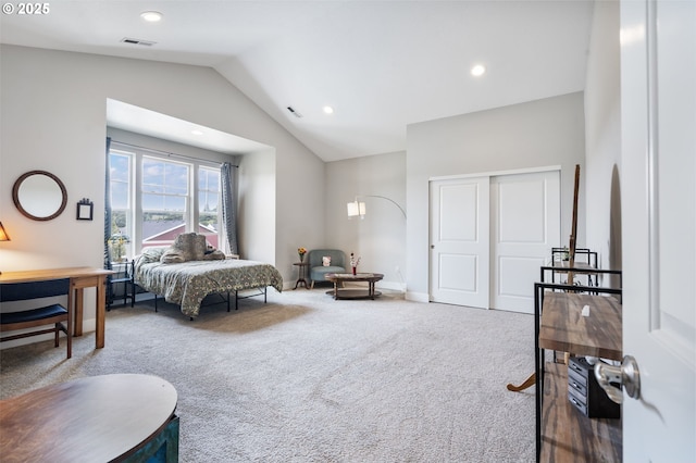 carpeted bedroom featuring vaulted ceiling, recessed lighting, a closet, and baseboards