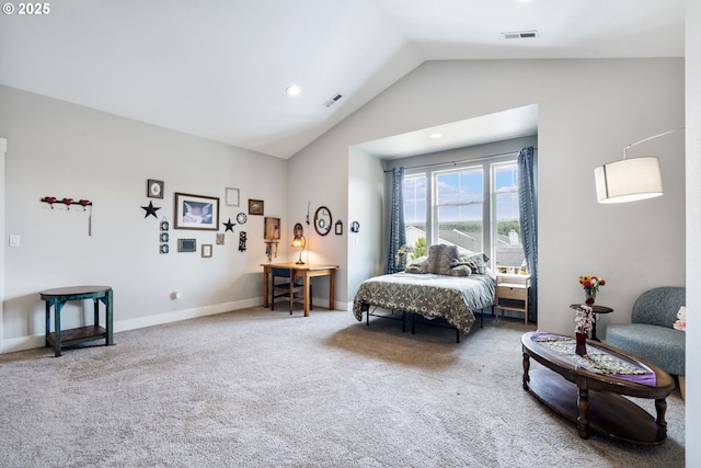 carpeted bedroom featuring lofted ceiling, baseboards, and recessed lighting