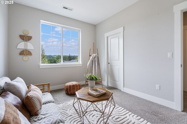 living room featuring carpet floors and baseboards