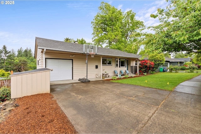 7005 SW 14th Ave, Portland, OR 97219 - ranch-style house with an attached garage, concrete driveway, a front lawn, and a shingled roof
