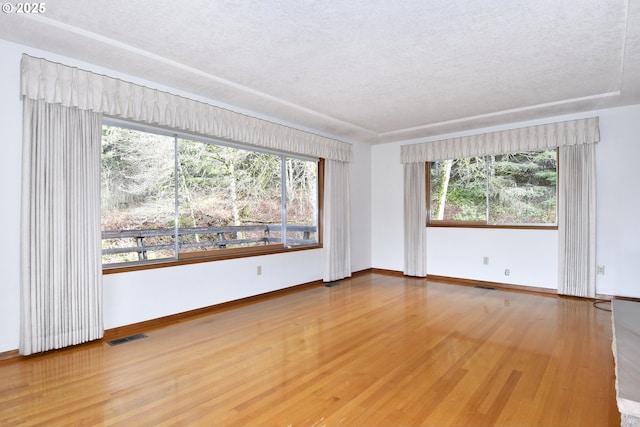 empty room with hardwood / wood-style floors and a textured ceiling