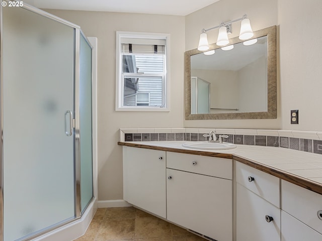 15917 NE Union Rd Unit 103, Ridgefield, WA 98642 - full bathroom with vanity, a stall shower, and tile patterned flooring
