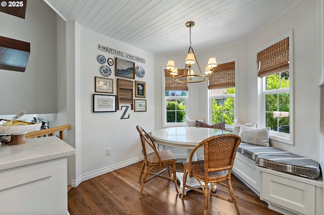 20525 Martin Ct, West Linn, OR 97068 - dining room featuring a chandelier, dark wood-style flooring, wooden ceiling, and crown molding