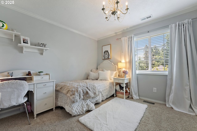 20525 Martin Ct, West Linn, OR 97068 - bedroom with a chandelier, ornamental molding, light colored carpet, and a textured ceiling