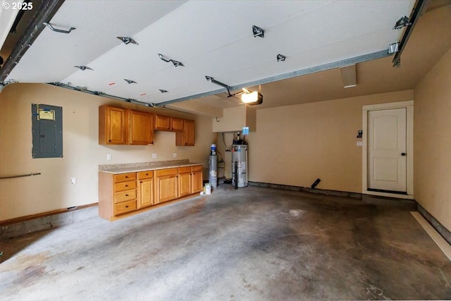 garage with a garage door opener, electric panel, and gas water heater