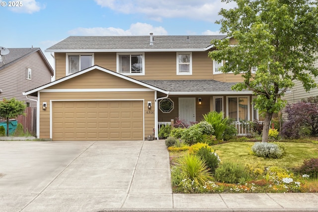 16506 NE 13th St, Vancouver, WA 98684 - view of front facade featuring a porch, a garage, concrete driveway, and roof with shingles