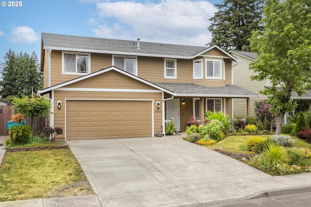 16506 NE 13th St, Vancouver, WA 98684 - traditional-style house featuring driveway, a front lawn, a garage, covered porch, and roof with shingles