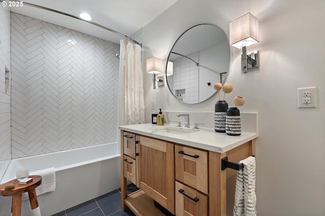 full bathroom featuring tile patterned floors, shower / bathtub combination with curtain, recessed lighting, and vanity