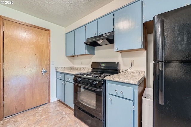 121 SE 34th Cir, Troutdale, OR 97060 - kitchen with black appliances, under cabinet range hood, blue cabinetry, light countertops, and a textured ceiling