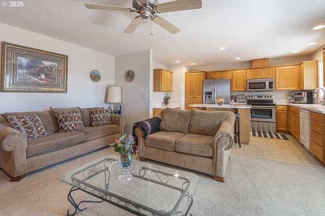 1227 Trent Ave, Keizer, OR 97303 - living area with light carpet, recessed lighting, ceiling fan, and light tile patterned floors