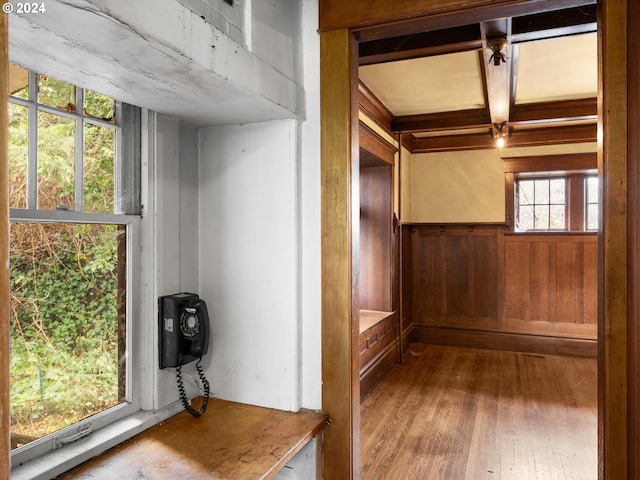 interior space with hardwood / wood-style floors and wooden walls