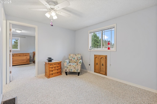 living area with ceiling fan, a wealth of natural light, a textured ceiling, and carpet