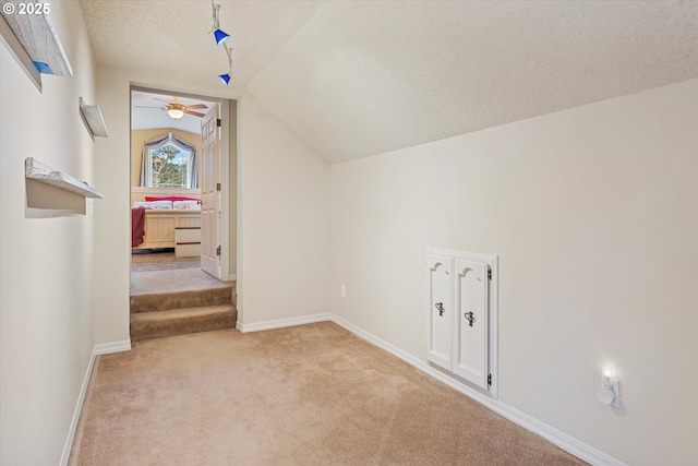 additional living space featuring lofted ceiling, light carpet, and a textured ceiling