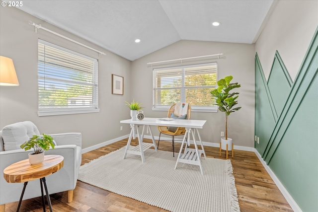 6902 SW Taylors Ferry Rd, Portland, OR 97223 - home office with vaulted ceiling, wood finished floors, and recessed lighting