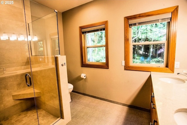 bathroom with double vanity, a stall shower, and toilet