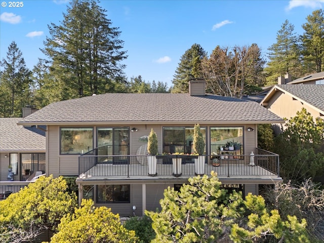 back of property featuring a chimney and a shingled roof