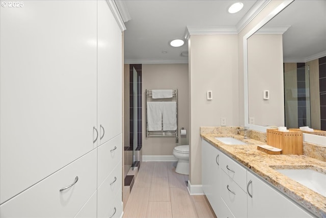 full bath featuring crown molding, toilet, double vanity, and a sink