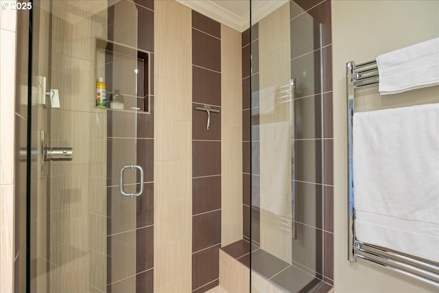 full bathroom featuring a stall shower, radiator heating unit, and ornamental molding