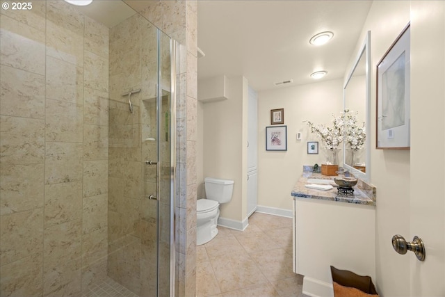 full bathroom with visible vents, a stall shower, and toilet