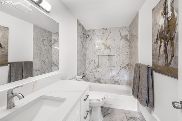 full bath featuring marble finish floor, visible vents, toilet, vanity, and shower / tub combination