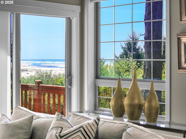 interior space featuring a water view
