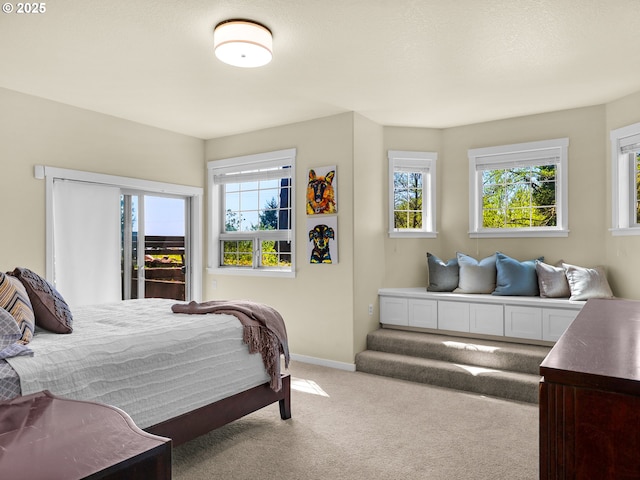 carpeted bedroom featuring baseboards and access to outside