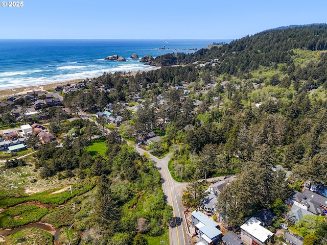 bird's eye view featuring a water view and a view of trees