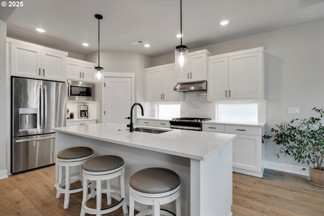 1332 SE 14th Ave, Canby, OR 97013 - kitchen with appliances with stainless steel finishes, a sink, under cabinet range hood, light wood-style floors, and decorative backsplash
