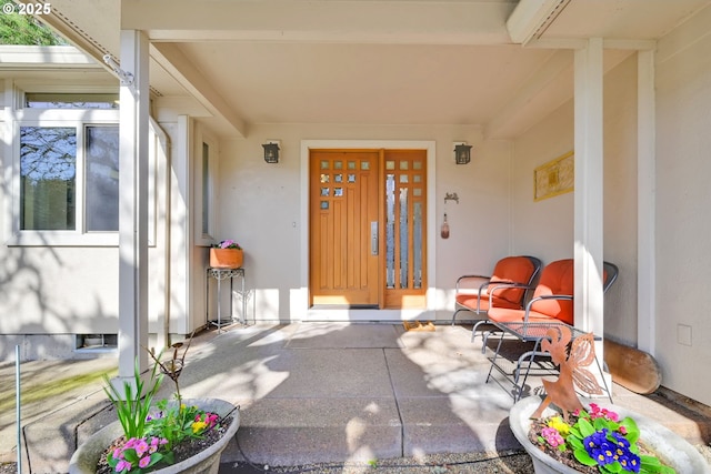 doorway to property featuring stucco siding