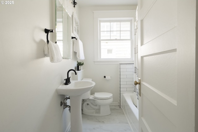 2814 NE 34th Ave, Portland, OR 97212 - bathroom with marble finish floors, toilet, and shower / tub combination