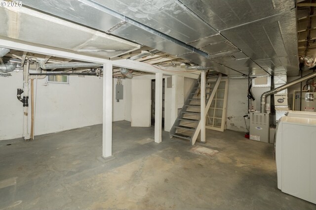 2814 NE 34th Ave, Portland, OR 97212 - basement with washer / dryer, electric panel, stairway, water heater, and heating unit