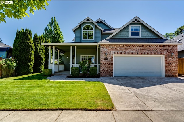 4675 Symphony Dr, Eugene, OR 97404 - view of front of home featuring a porch, driveway, a front lawn, an attached garage, and brick siding